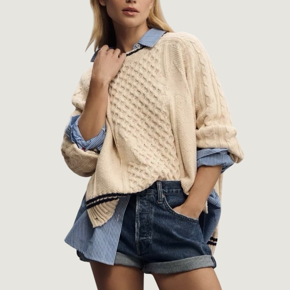 Anthropologie Pilcro Pilcro Oversized Varsity Cable Sweater Womens XS Cream Navy